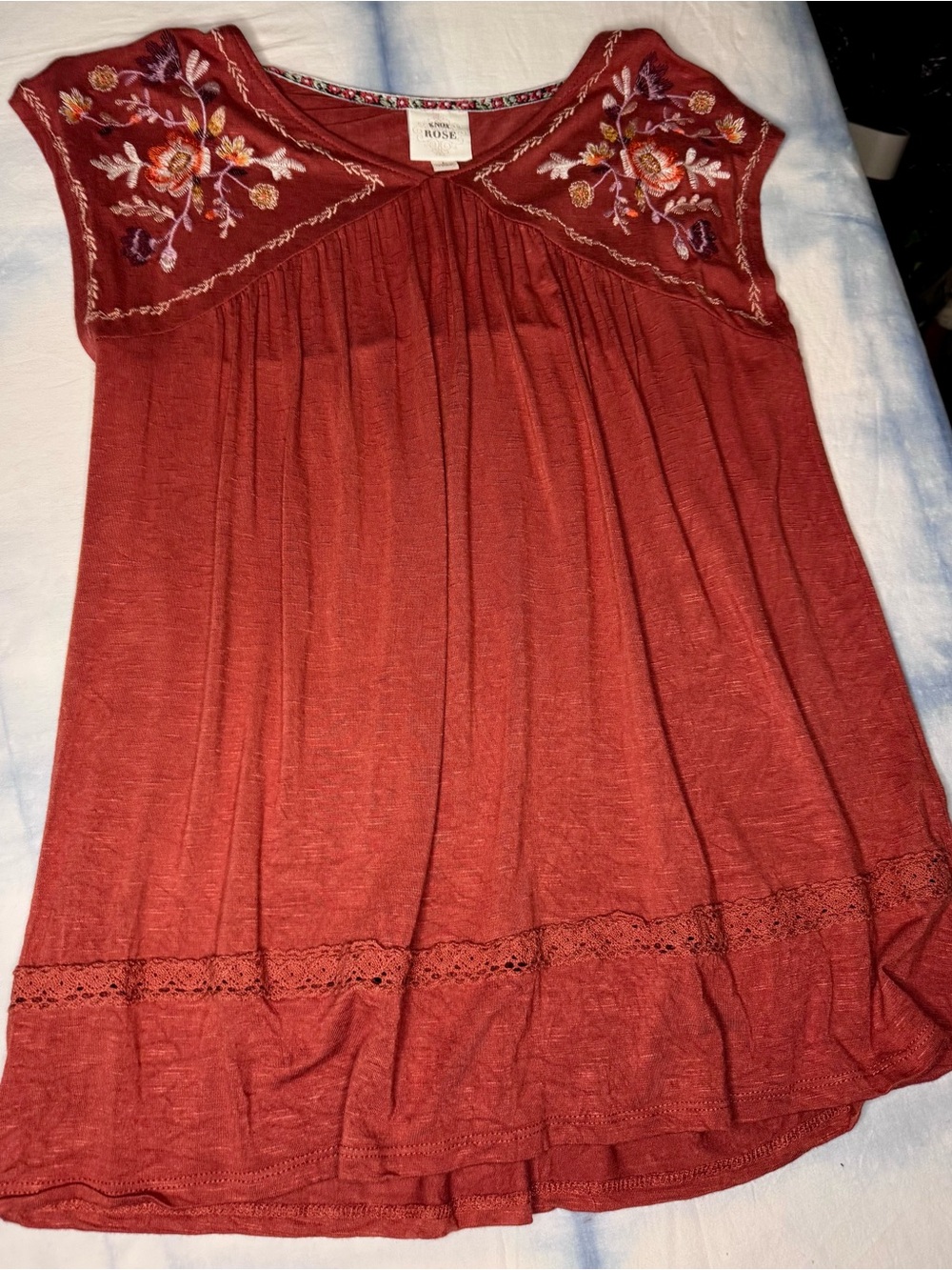 Knox Rose Adorable Burnt Orange Embroidered Cap Sleeve Tunic